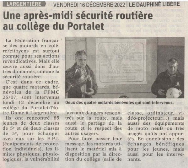 Prévention au collège de LARGENTIERE 1 artcle Largentiere decembre 2022