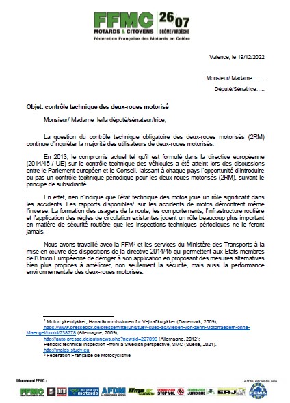 Contrôle technique: députés et sénateurs interpelés par la FFMC 1 CT courrier parlementaires 1