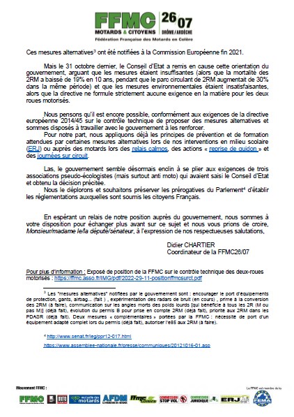 Contrôle technique: députés et sénateurs interpelés par la FFMC 2 CT courrier parlementaires 2