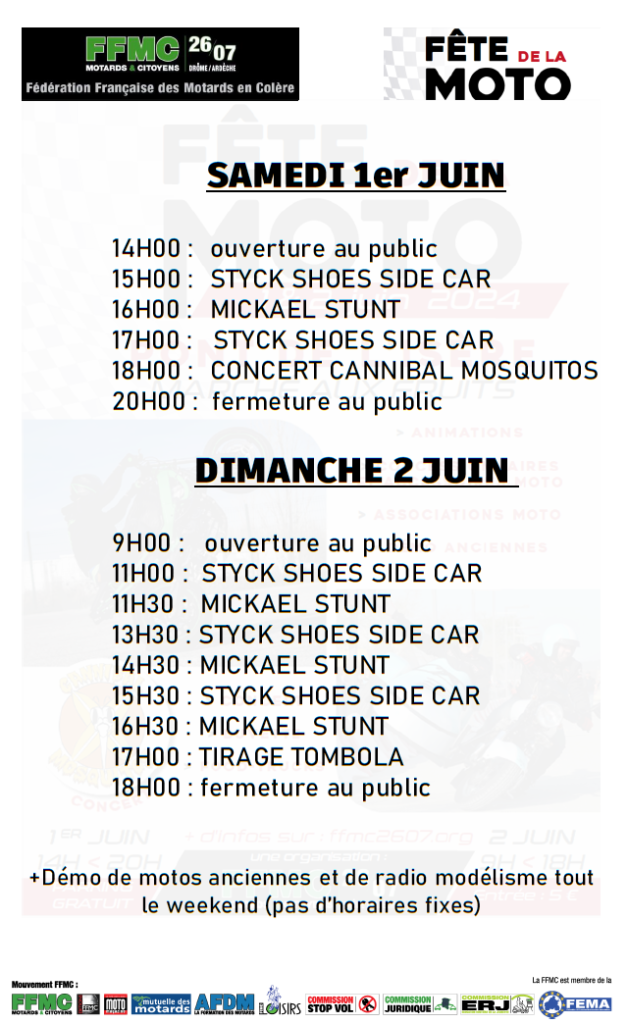 Horaires de la fête de la moto 2024 1 horaires